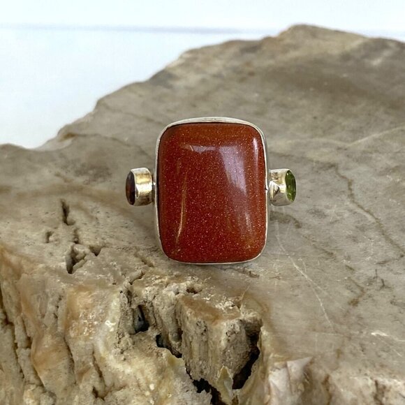 Sterling Silver 925 Goldstone Garnet & Peridot Multi Gemstone Ring Sz 7.75 - Picture 1 of 16
